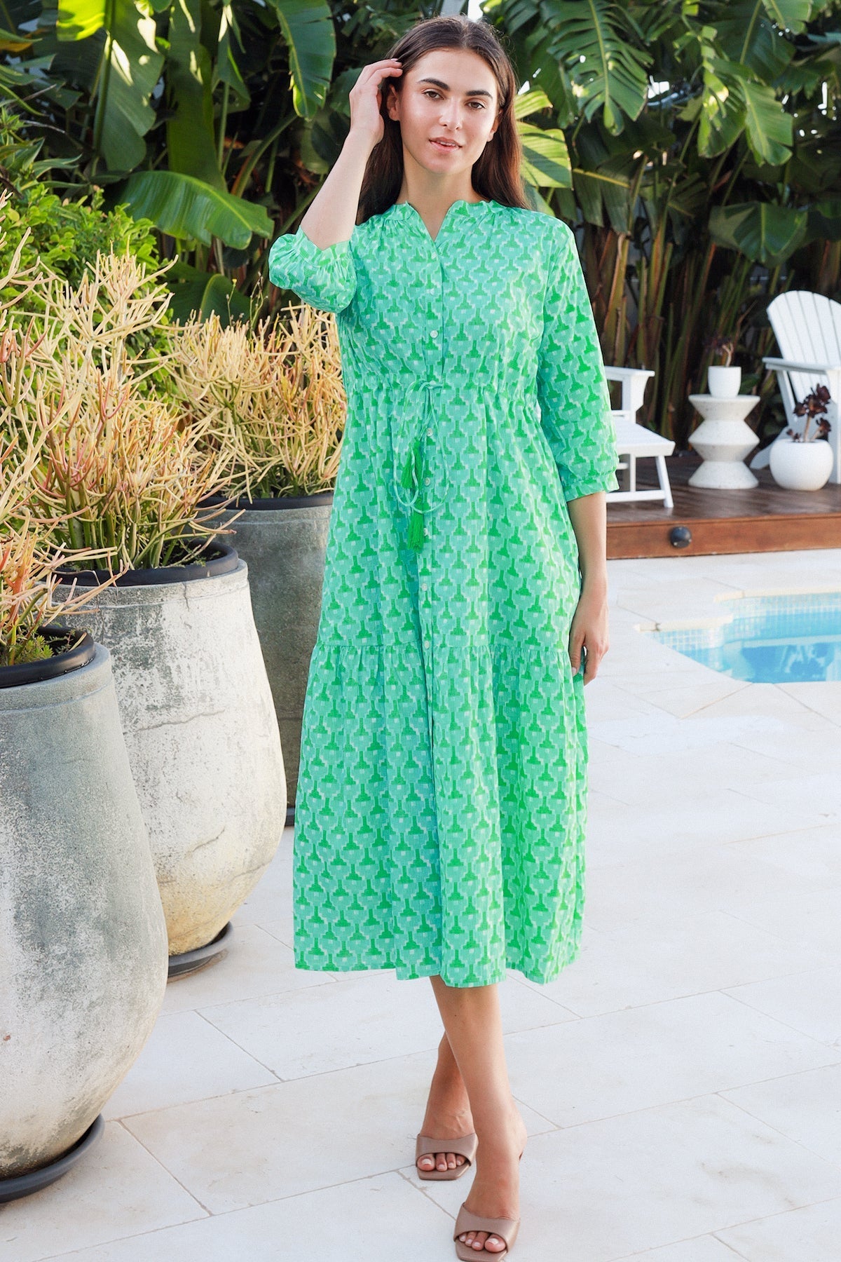 Peacock Feather Tuscany Dress in Doozy Green at Citrus Lane