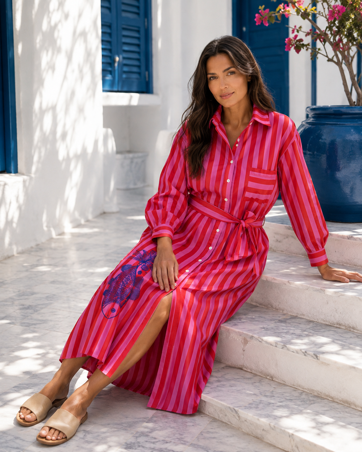 Kiik Luxe striped cotton shirt dress in rouge