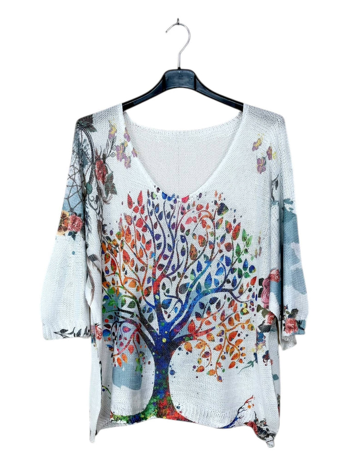 Printed Knit Sweater with V-Neck