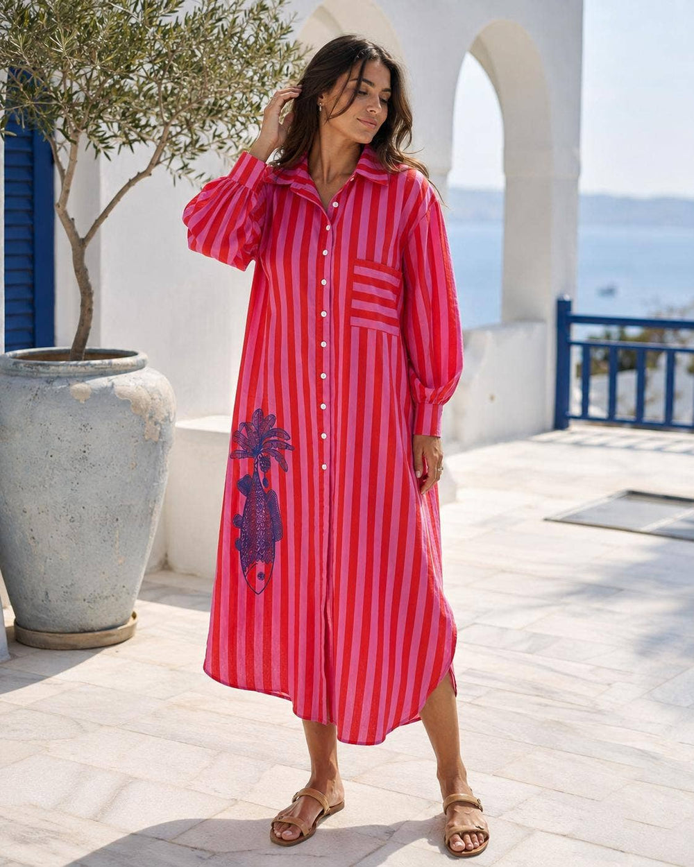 Kiik Luxe striped cotton shirt dress in rouge