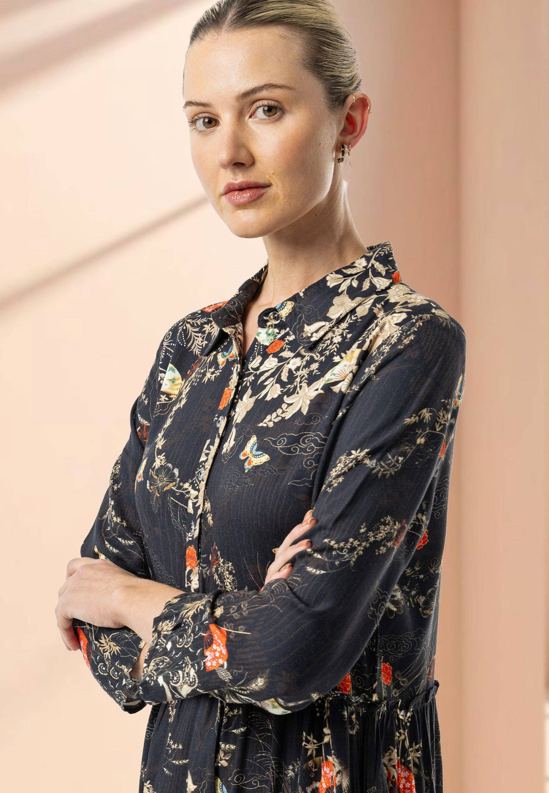ANGELEYE black shirt midi dress in floral print