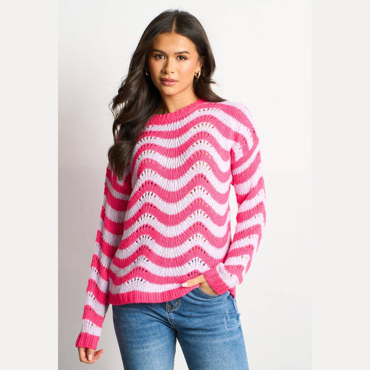 Scalloped Wave Stripe Wool Blend Jumper (Lilac/Pink)