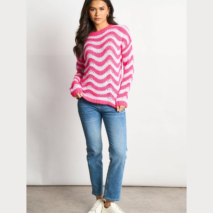 Scalloped Wave Stripe Wool Blend Jumper (Lilac/Pink)