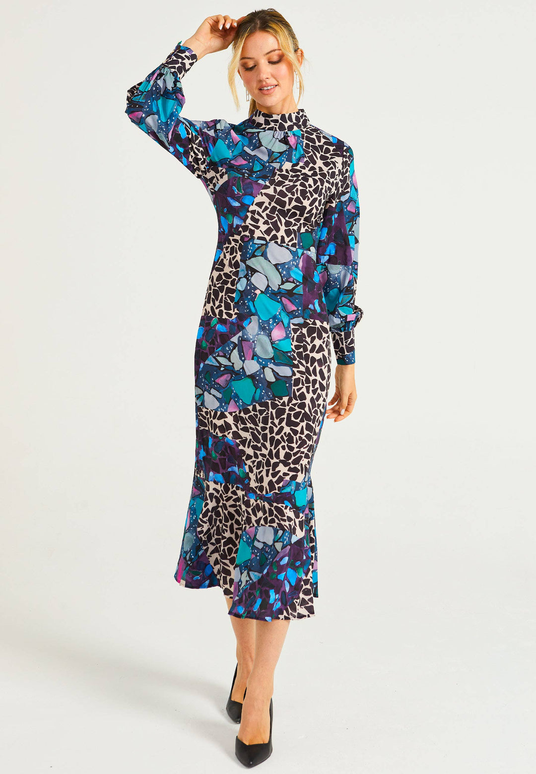 ANGELEYE high neck tea dress in multi print