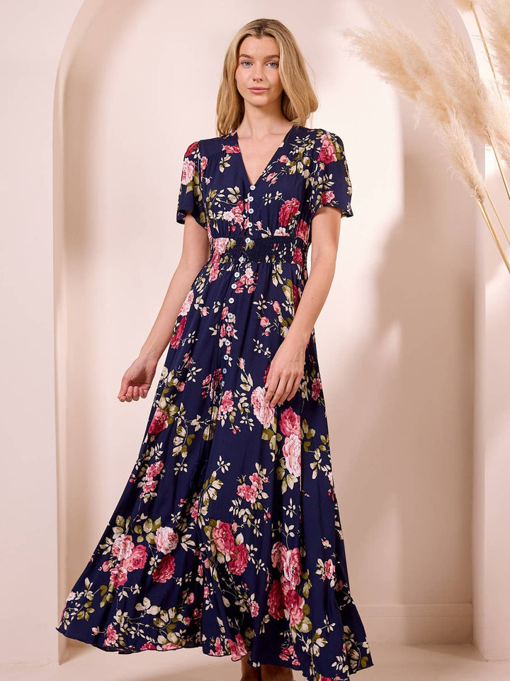 ANGELEYE ruched waist maxi dress in navy floral print