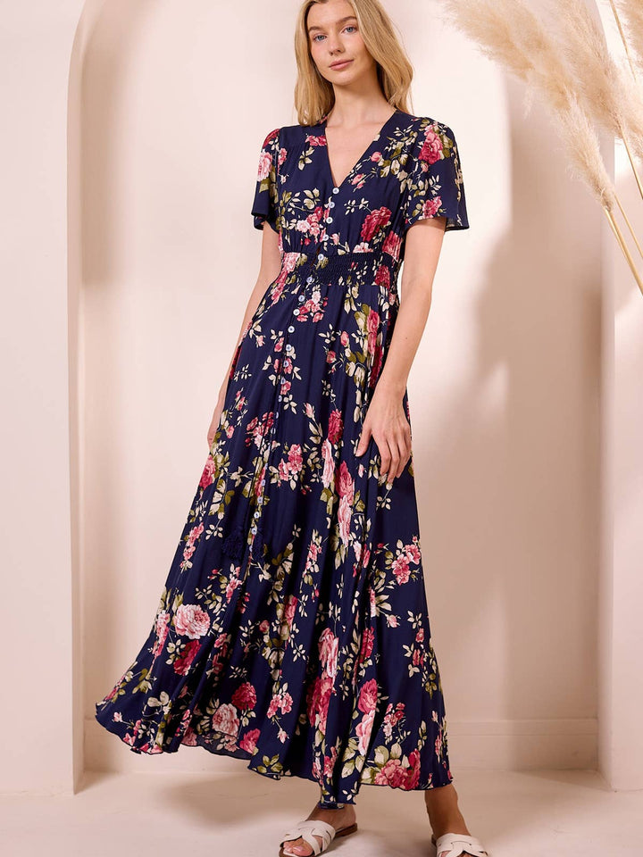 ANGELEYE ruched waist maxi dress in navy floral print