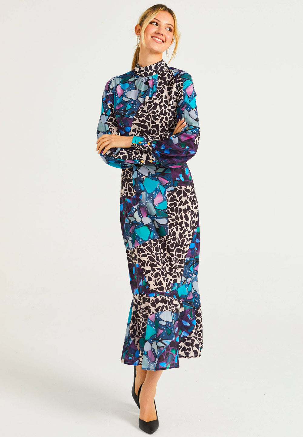 ANGELEYE high neck tea dress in multi print