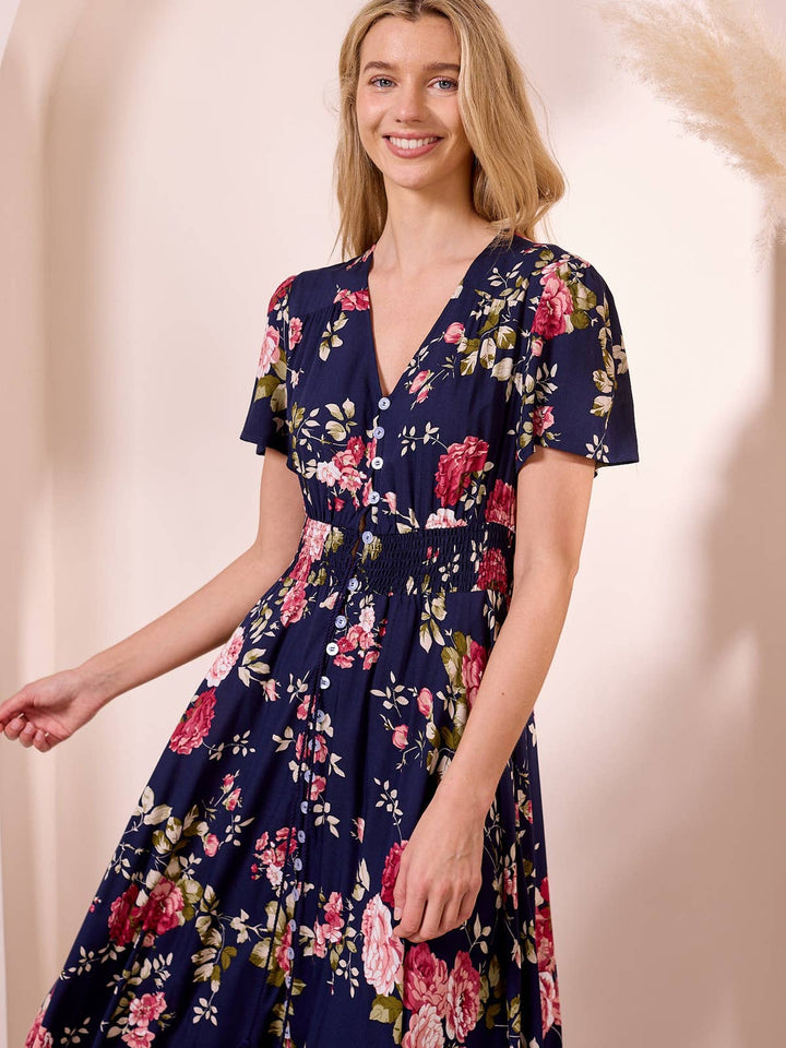 ANGELEYE ruched waist maxi dress in navy floral print