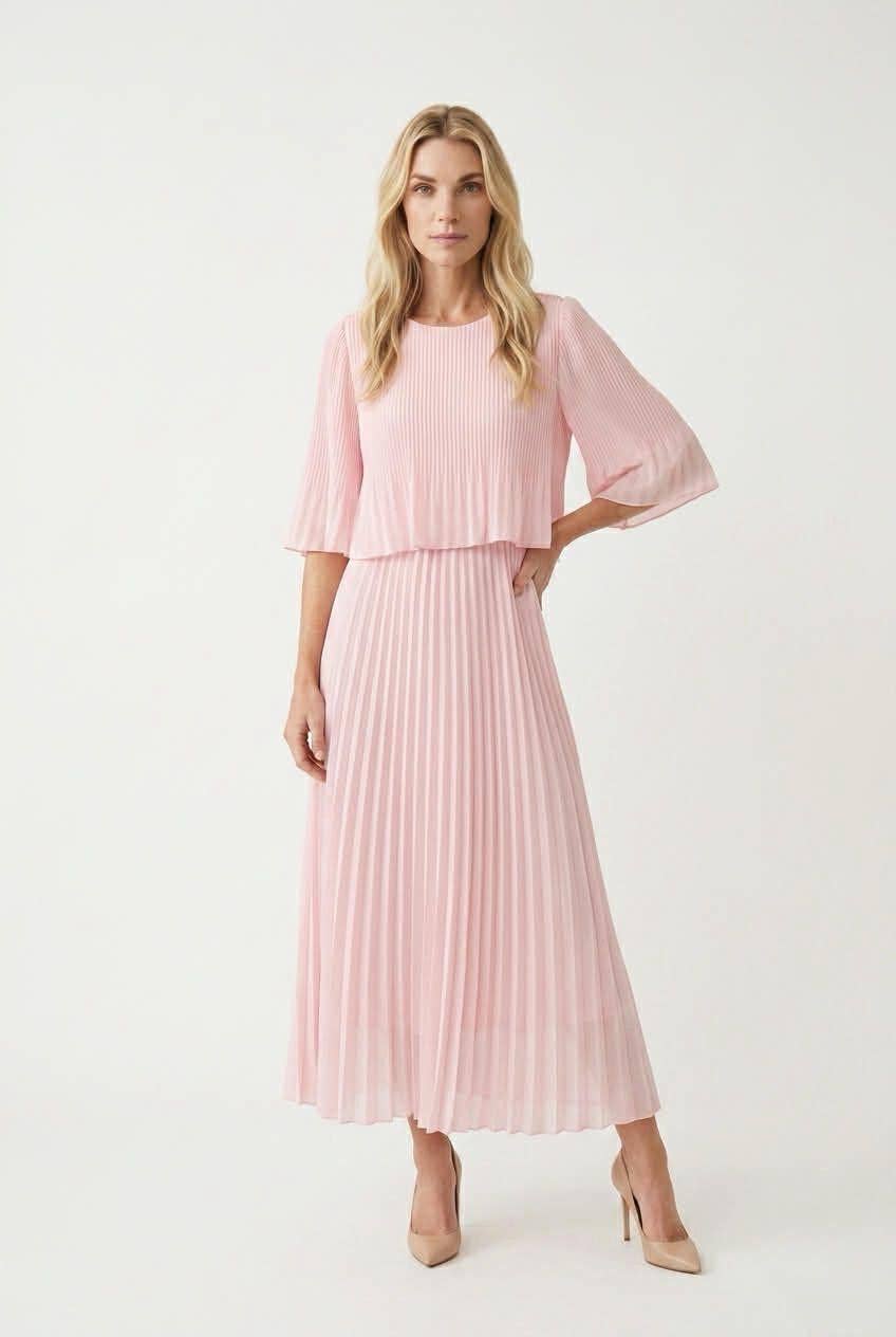 Plain Crew Cape Pleated Plisse Maxi Dress