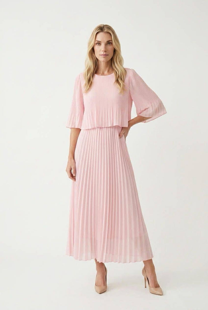 Plain Crew Cape Pleated Plisse Maxi Dress