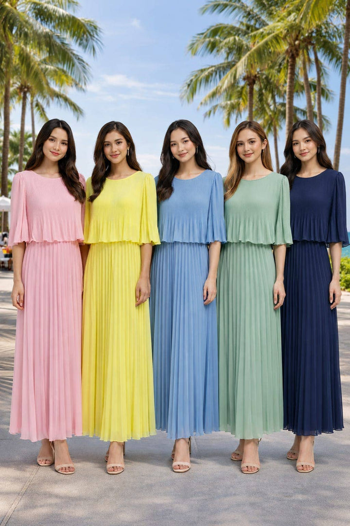 Plain Crew Cape Pleated Plisse Maxi Dress