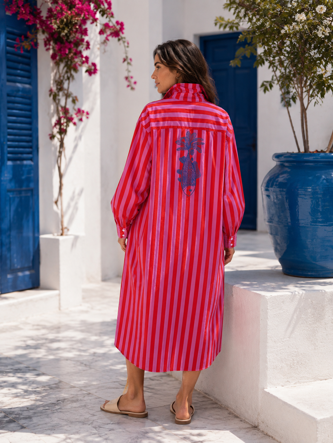 Kiik Luxe striped cotton shirt dress in rouge