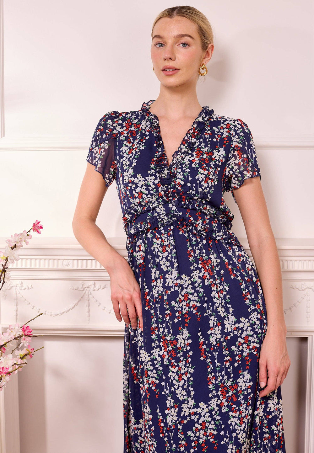 ANGELEYE floral navy midi dress with tulip sleeves