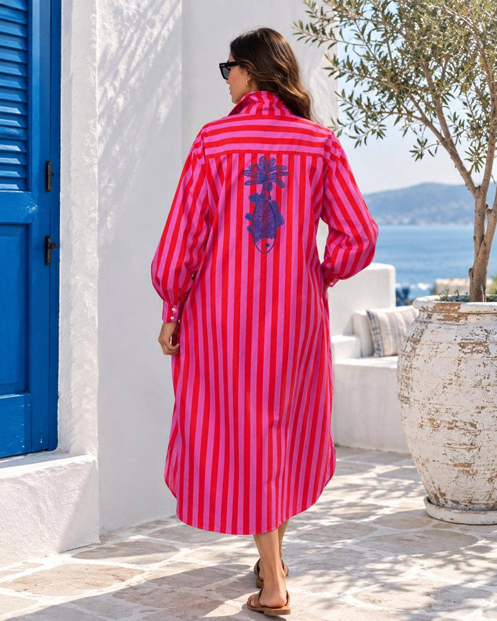 Kiik Luxe striped cotton shirt dress in rouge