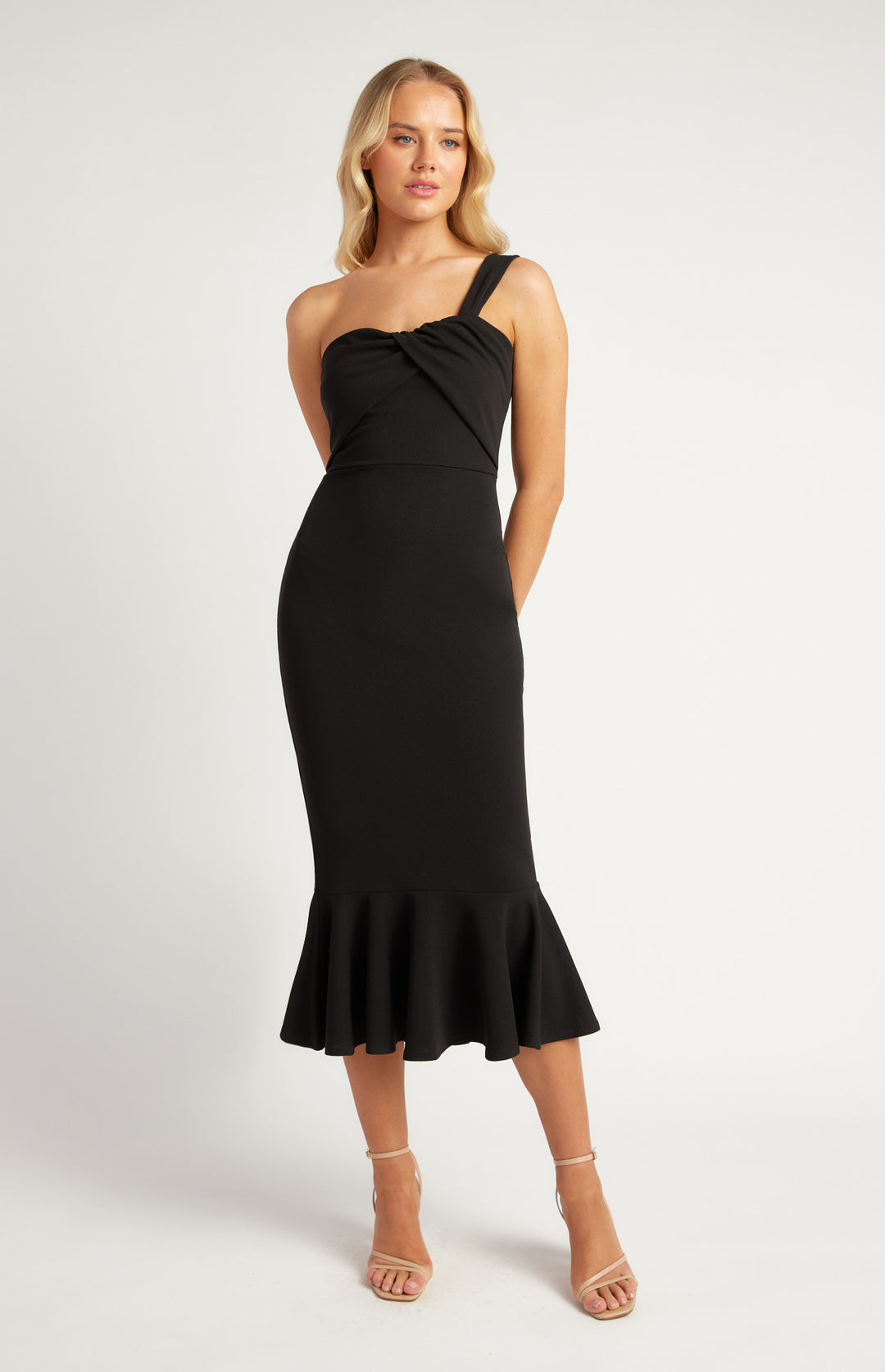 Mermaid Hem Front Twist Detail One Shoulder Dress