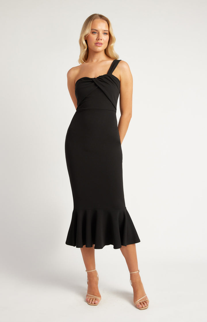 Mermaid Hem Front Twist Detail One Shoulder Dress