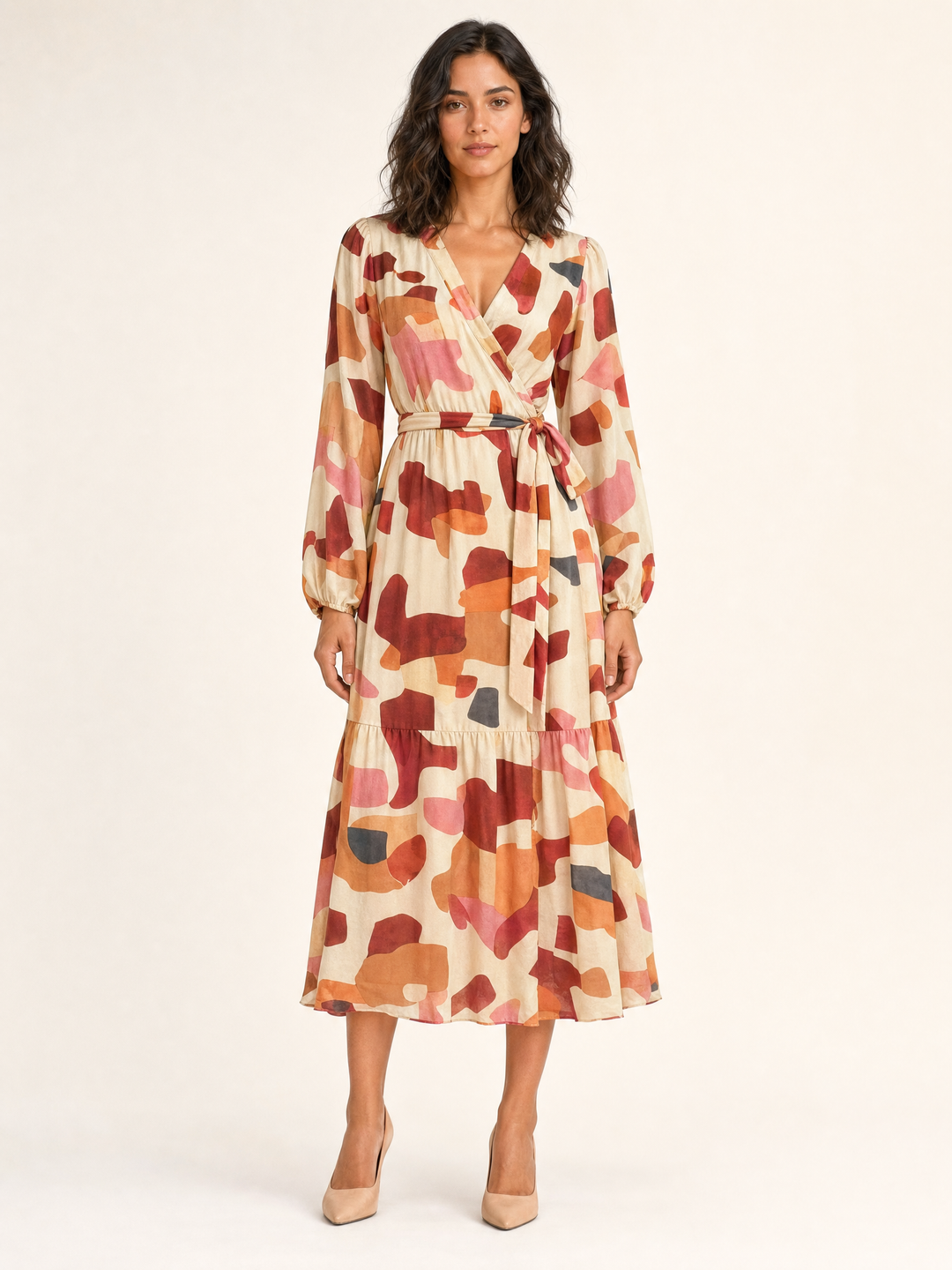 Sunny Girl rust abstract print button-front maxi dress