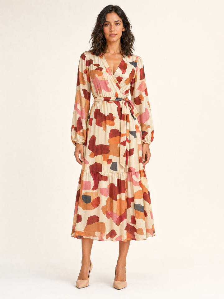Sunny Girl rust abstract print button-front maxi dress
