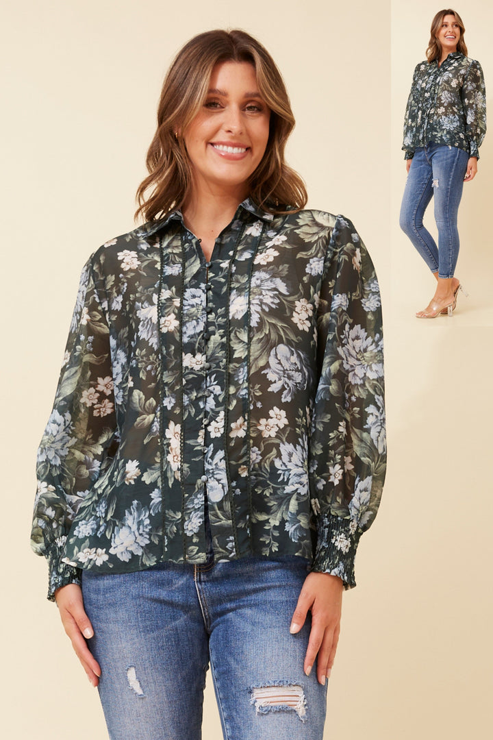Tie-Front Sheer Floral Blouse