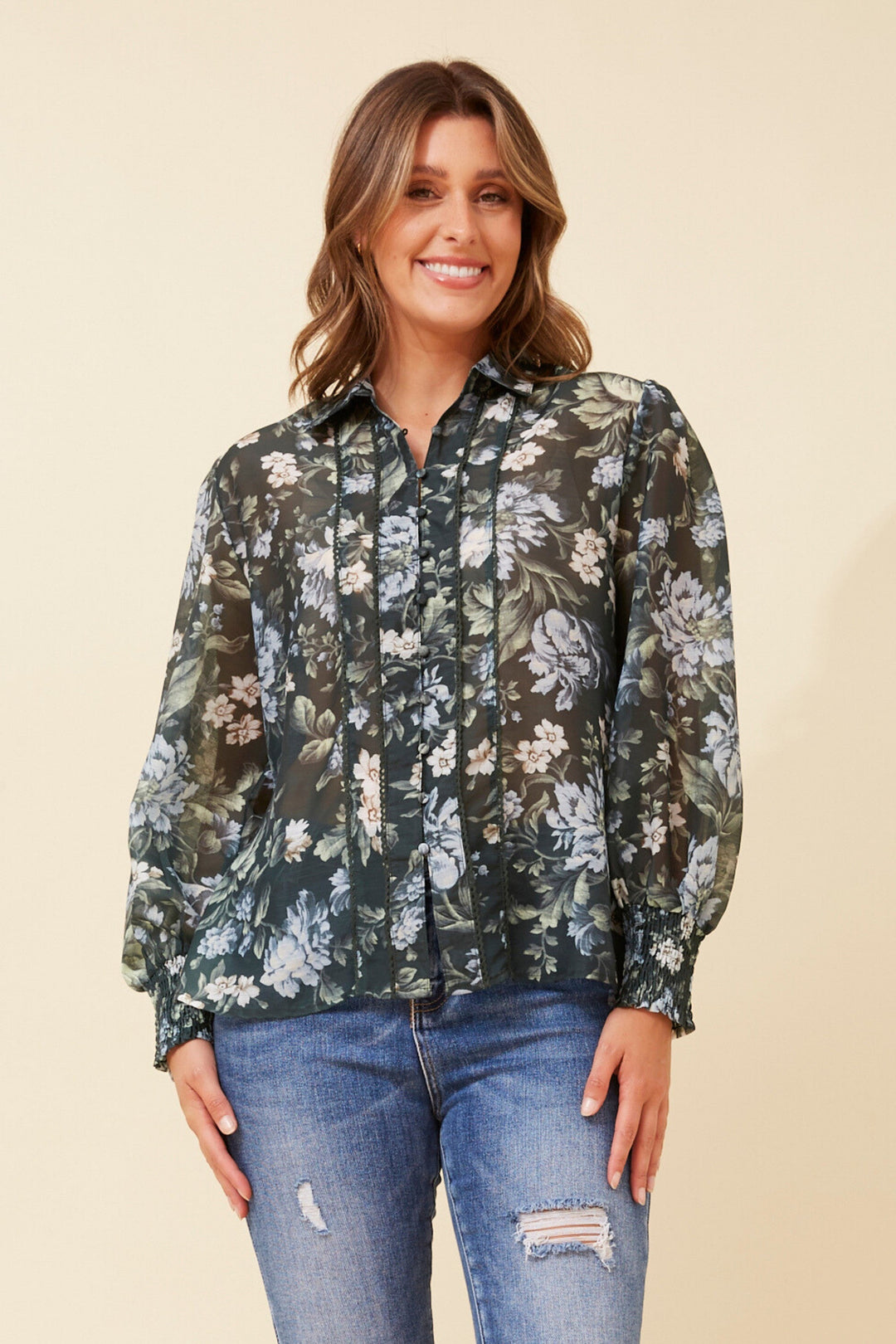 Tie-Front Sheer Floral Blouse