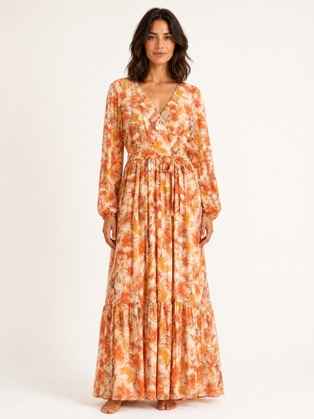 Sunny Girl peach floral wrap maxi dress