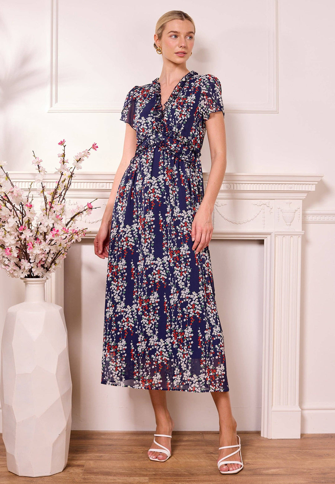 ANGELEYE floral navy midi dress with tulip sleeves