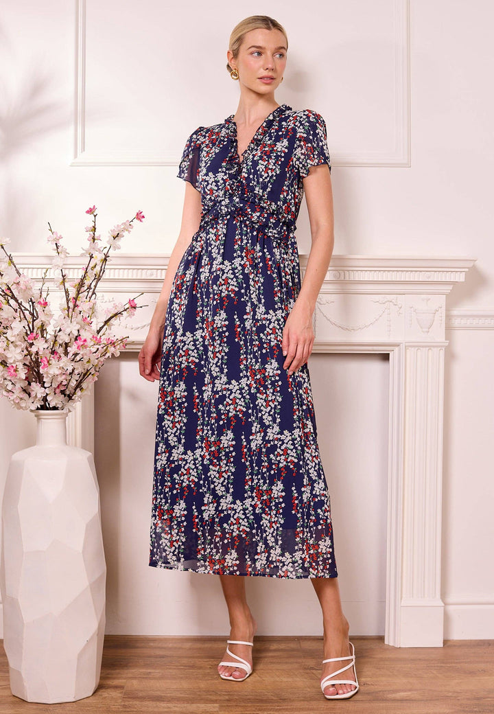 ANGELEYE floral navy midi dress with tulip sleeves