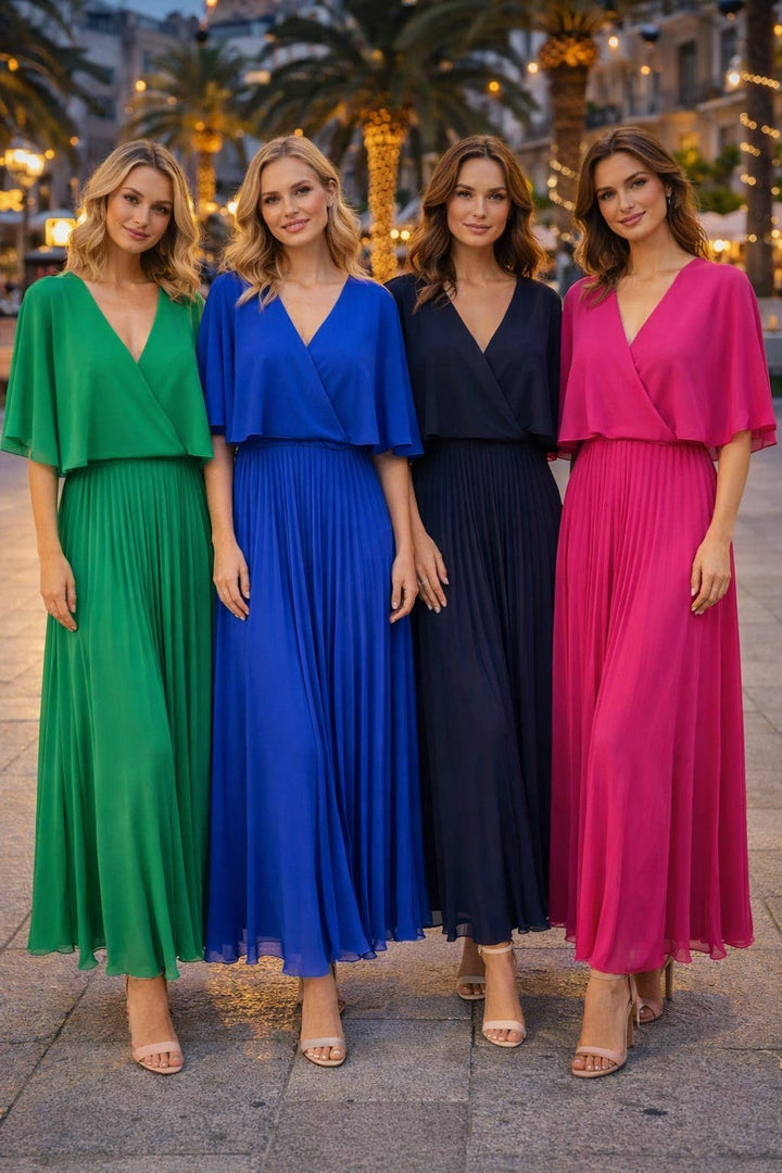 Cape V Neck Pleated Maxi Dress