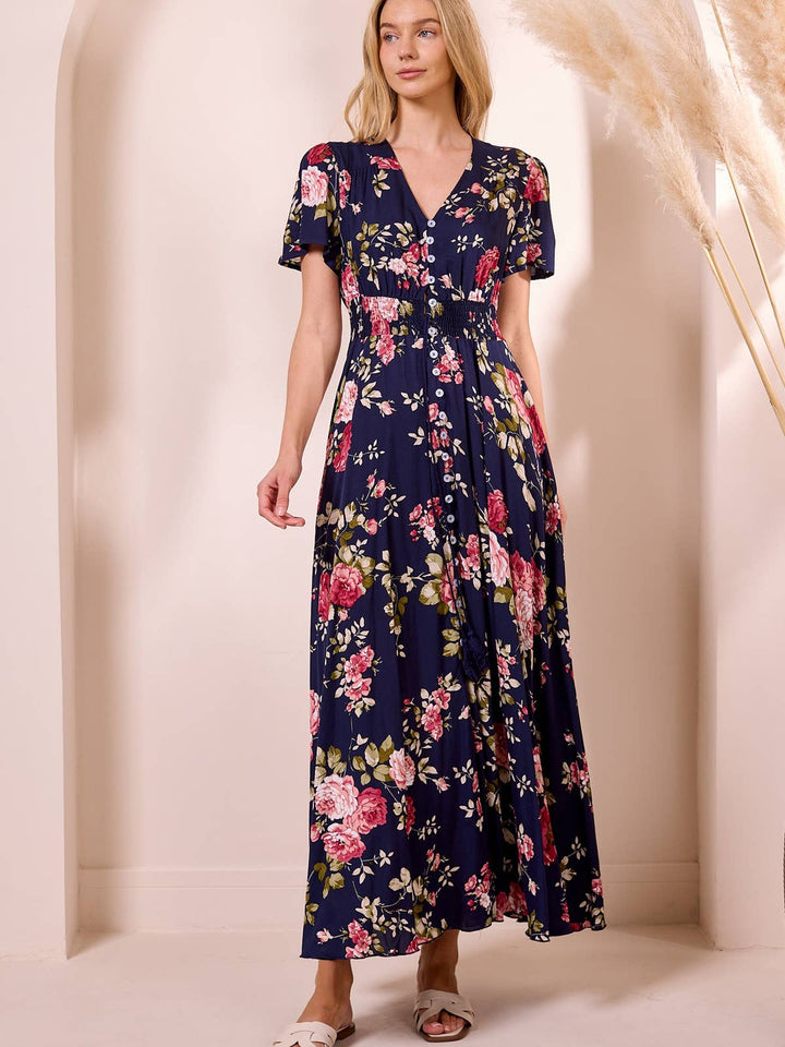 ANGELEYE ruched waist maxi dress in navy floral print