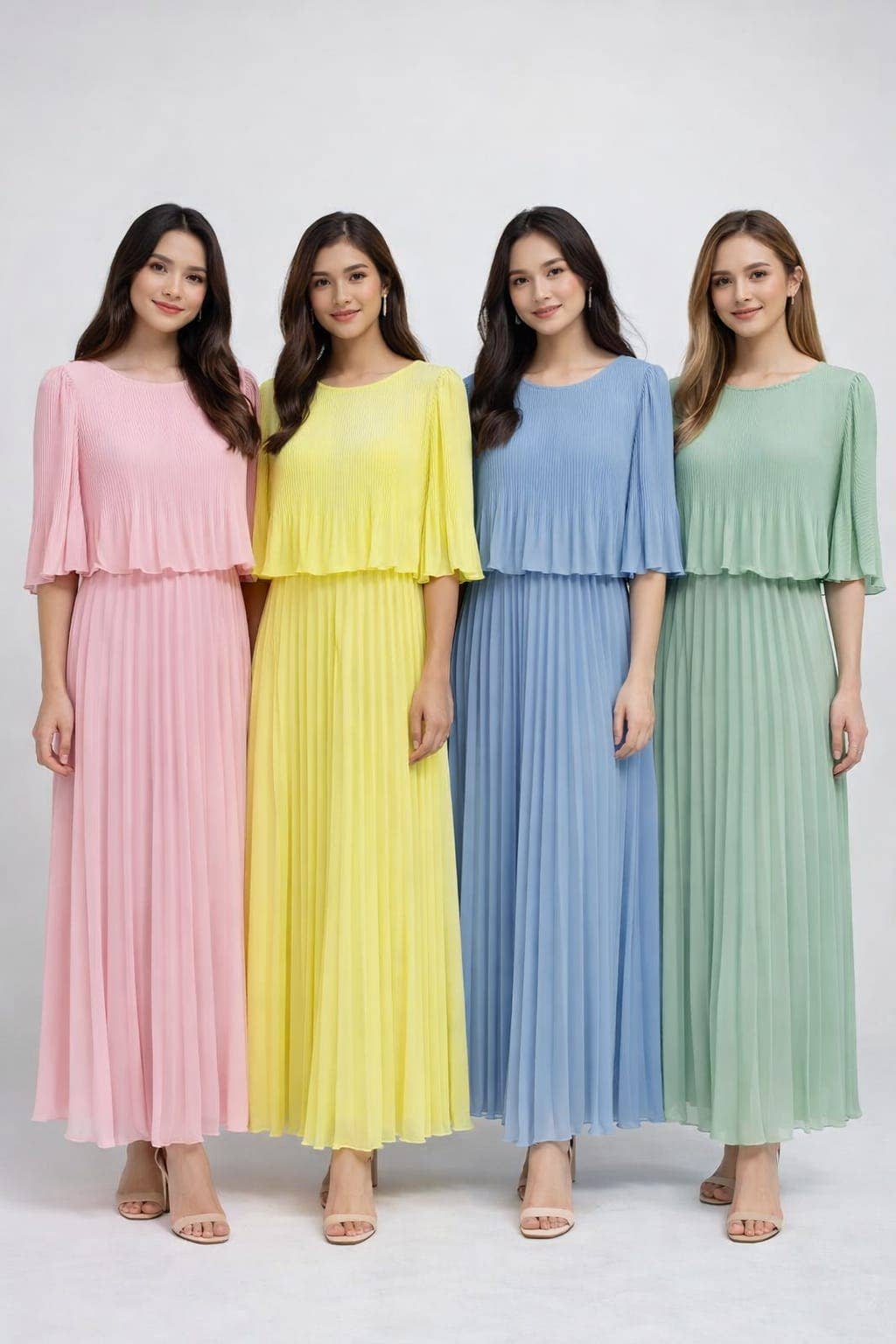 Plain Crew Cape Pleated Plisse Maxi Dress