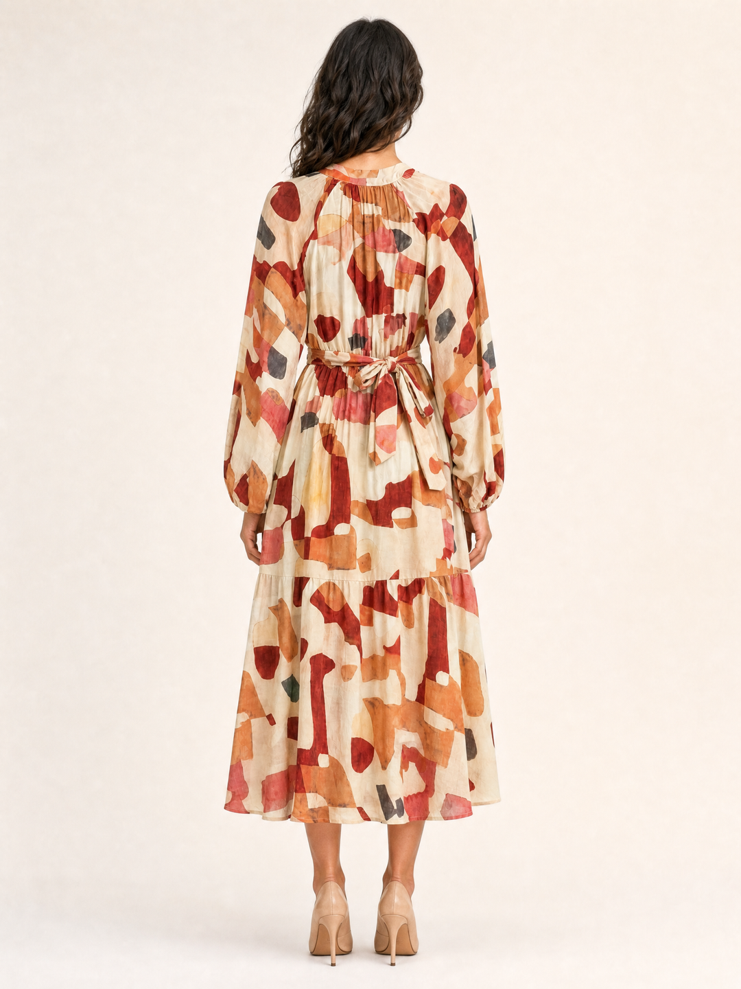 Sunny Girl rust abstract print button-front maxi dress