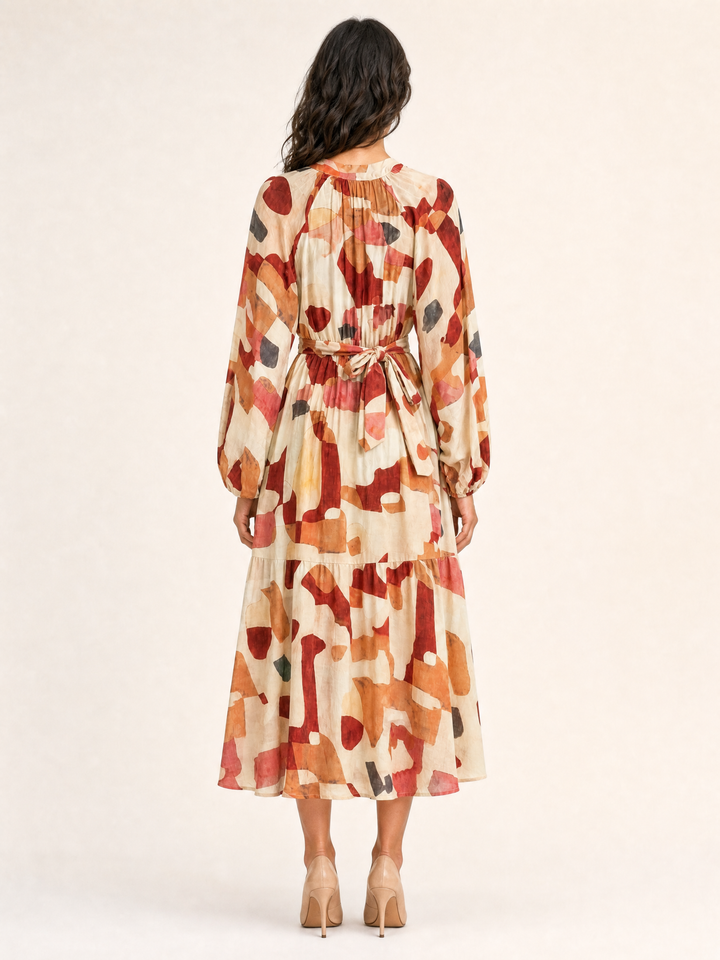 Sunny Girl rust abstract print button-front maxi dress