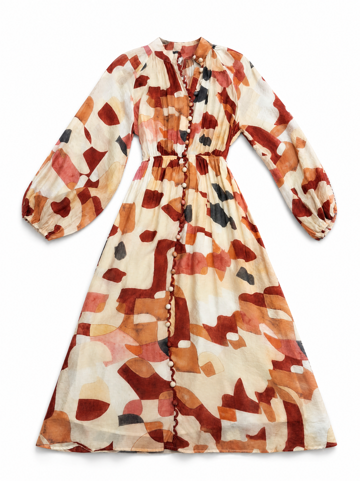 Sunny Girl rust abstract print button-front maxi dress